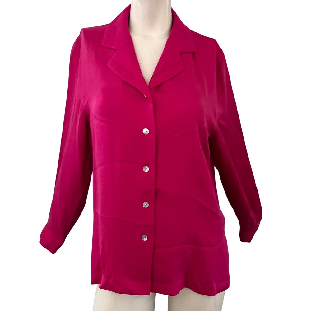 K Arnold Silk Fuchsia Button Up Collared Long Sleeve Shirt Womens M Office Hol